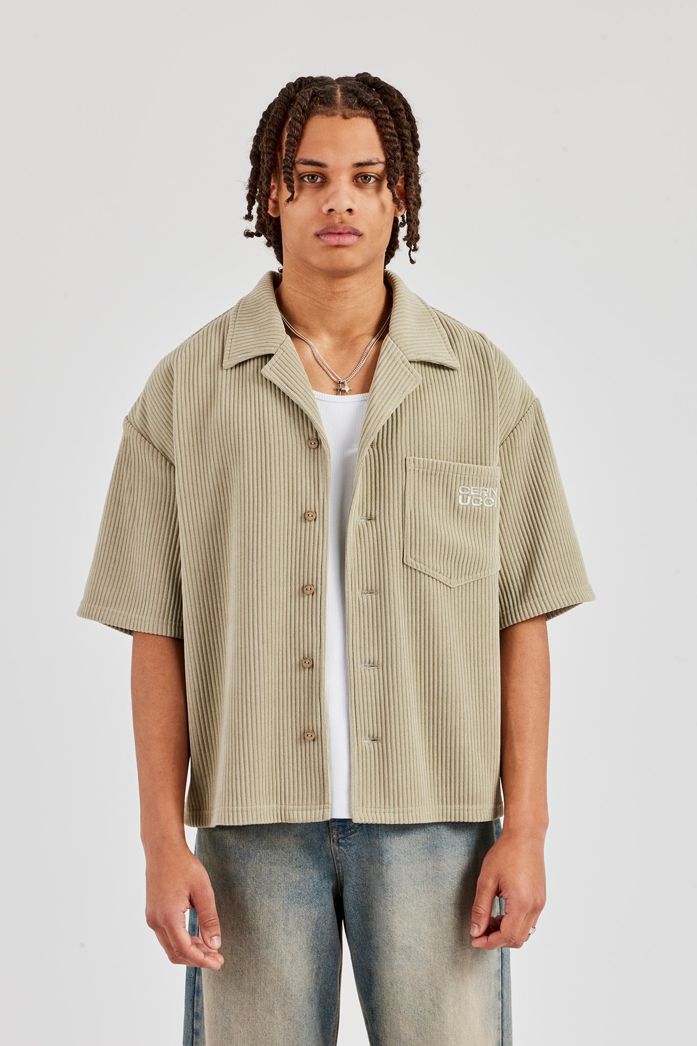 Cord Button Front Revere Shirt - Khaki